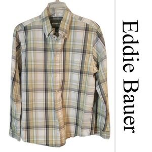 Eddie Bauer Mens Medium Green Tan Plaid Cotton Button Down Long Sleeve Shirt